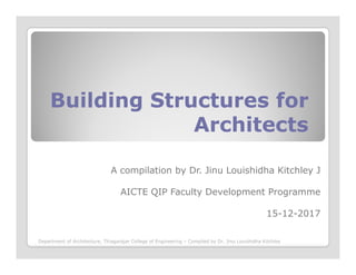 Building Structures forBuilding Structures for
ArchitectsArchitects
A compilation by Dr. Jinu Louishidha Kitchley J
AICTE QIP Faculty Development Programme
15-12-2017
Department of Architecture, Thiagarajar College of Engineering – Compiled by Dr. Jinu Louishidha Kitchley
 