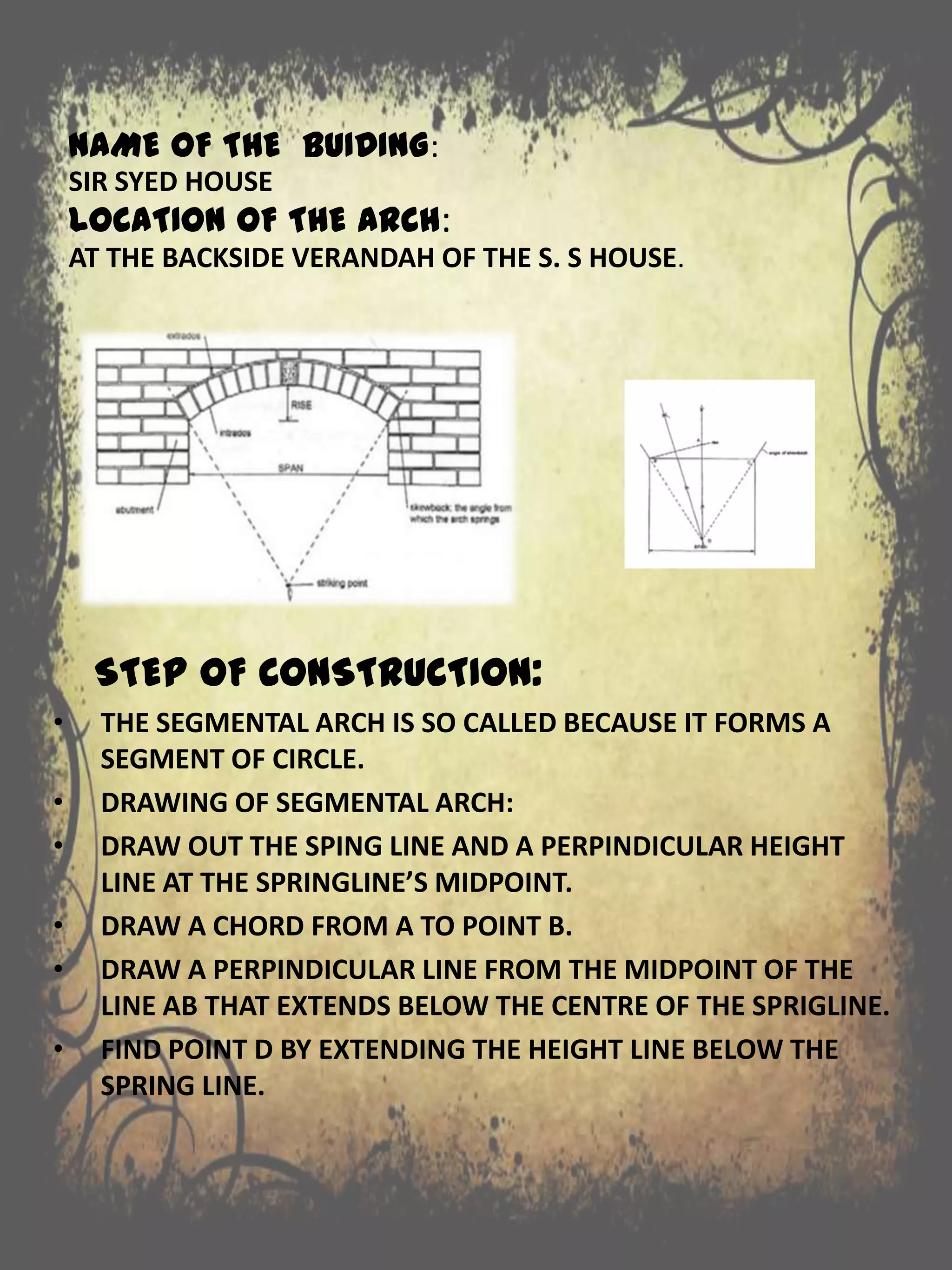 NAME OF THE BUIDING:
SIR SYED HOUSE
LOCATION OF THE ARCH:
AT THE BACKSIDE VERANDAH OF THE S. S HOUSE.
STEP OF CONSTRUCTION:
• THE SEGMENTAL ARCH IS SO CALLED BECAUSE IT FORMS A
SEGMENT OF CIRCLE.
• DRAWING OF SEGMENTAL ARCH:
• DRAW OUT THE SPING LINE AND A PERPINDICULAR HEIGHT
LINE AT THE SPRINGLINE’S MIDPOINT.
• DRAW A CHORD FROM A TO POINT B.
• DRAW A PERPINDICULAR LINE FROM THE MIDPOINT OF THE
LINE AB THAT EXTENDS BELOW THE CENTRE OF THE SPRIGLINE.
• FIND POINT D BY EXTENDING THE HEIGHT LINE BELOW THE
SPRING LINE.
 