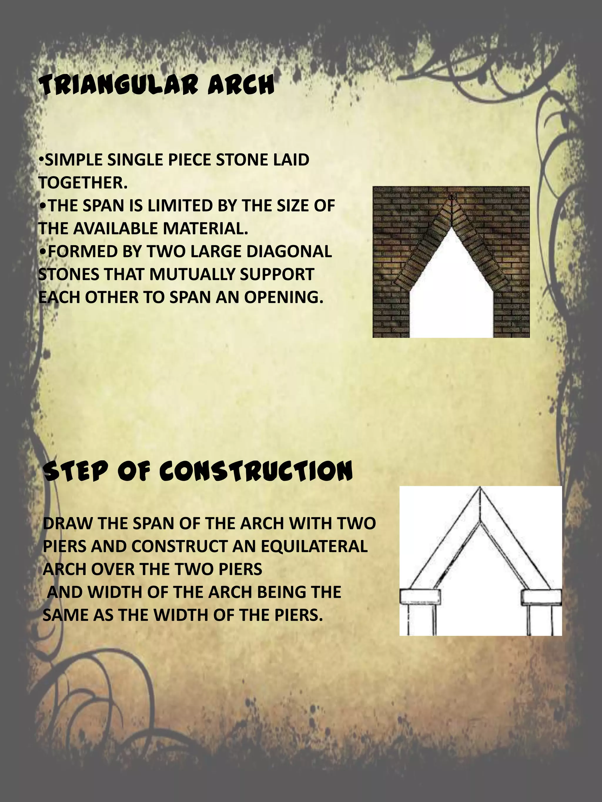 TRIANGULAR ARCH
•SIMPLE SINGLE PIECE STONE LAID
TOGETHER.
•THE SPAN IS LIMITED BY THE SIZE OF
THE AVAILABLE MATERIAL.
•FORMED BY TWO LARGE DIAGONAL
STONES THAT MUTUALLY SUPPORT
EACH OTHER TO SPAN AN OPENING.
STEP OF CONSTRUCTION
DRAW THE SPAN OF THE ARCH WITH TWO
PIERS AND CONSTRUCT AN EQUILATERAL
ARCH OVER THE TWO PIERS
AND WIDTH OF THE ARCH BEING THE
SAME AS THE WIDTH OF THE PIERS.
 
