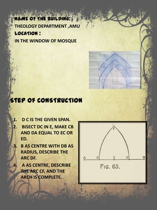 Step of CONSTRUCTION
1. D C IS THE GIVEN SPAN.
2. BISECT DC IN E, MAKE CB
AND DA EQUAL TO EC OR
ED.
3. B AS CENTRE WITH DB AS
RADIUS, DESCRIBE THE
ARC DF.
4. A AS CENTRE, DESCRIBE
THE ARC CF, AND THE
ARCH IS COMPLETE.
NAME OF THE BUILDING:
THEOLOGY DEPARTMENT ,AMU
LOCATION :
IN THE WINDOW OF MOSQUE
 