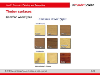 Level 1 Diploma in Painting and Decorating
© 2013 City and Guilds of London Institute. All rights reserved. 3 of 9
Timber surfaces
Common wood types
Home Gallery Stores
 