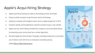 Apple’s Acqui-hiring Strategy
● Apple acqui-hires startups to make its technology smarter and faster
● It buys a whole company to get the team and/or technology
● Hoping to compete with Google’s search service, Apple bought Siri in 2010
● Pandora, Spotify, and Google Music started to predict songs a user will like.
● Apple saw this, which likely prompted the company to purchase Beats Music
(a streaming music service that has a similar algorithm)
● Recently Apple has hired at least 18 people, including at least two co-founders,
one of whom is the CEO from an enterprise consulting startup
called Silicon Valley Data Science
 