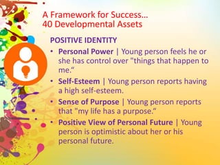 POSITIVE IDENTITY
• Personal Power | Young person feels he or
she has control over "things that happen to
me.“
• Self-Esteem | Young person reports having
a high self-esteem.
• Sense of Purpose | Young person reports
that "my life has a purpose.“
• Positive View of Personal Future | Young
person is optimistic about her or his
personal future.
A Framework for Success…
40 Developmental Assets
 