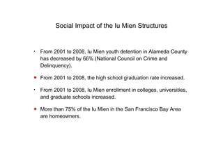 Social Impact of the Iu Mien Structures From 2001 to 2008, Iu Mien youth detention in Alameda County has decreased by 66% (National Council on Crime and Delinquency). From 2001 to 2008, the high school graduation rate increased. From 2001 to 2008, Iu Mien enrollment in colleges, universities, and graduate schools increased. More than 75% of the Iu Mien in the San Francisco Bay Area are homeowners.