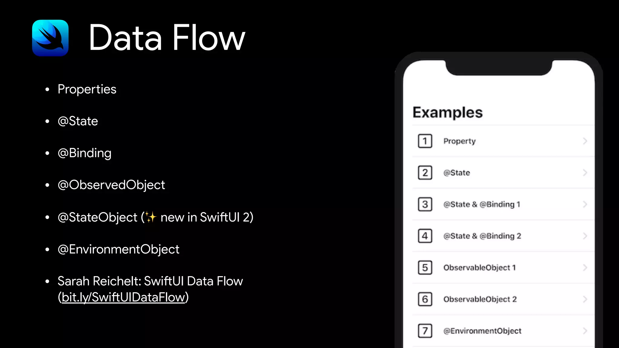 Data Flow
• Prope
rt
ies


• @State


• @Binding


• @ObservedObject


• @StateObject (✨ new in Swi
ft
UI 2)


• @EnvironmentObject


• Sarah Reichelt: Swi
ft
UI Data Flow
 
(bit.ly/Swi
ft
UIDataFlow)
 