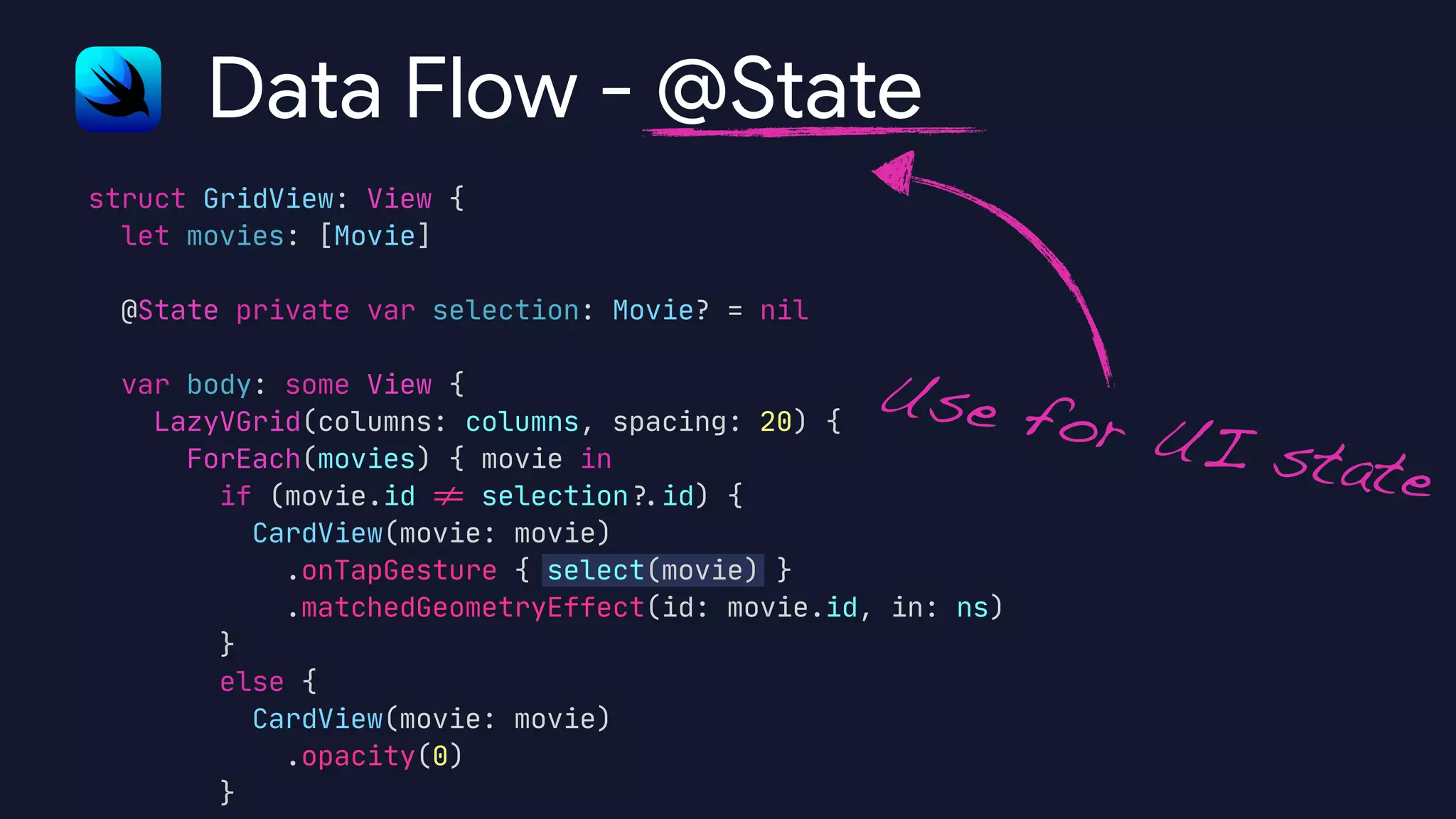struct GridView: View {

let movies: [Movie]



@State private var selection: Movie? = nil



var body: some View {

LazyVGrid(columns: columns, spacing: 20) {

ForEach(movies) { movie in

if (movie.id
!
=
selection
?
.
id) {

CardView(movie: movie)

.onTapGesture { select(movie) }

.matchedGeometryEffect(id: movie.id, in: ns)

}

else {

CardView(movie: movie)

.opacity(0)

}
Data Flow - @State
Use for UI state
 