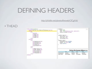 DEFINING HEADERS
                http://jsﬁddle.net/planetoftheweb/CfCgX/6/

• THEAD
 