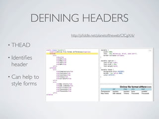 DEFINING HEADERS
                http://jsﬁddle.net/planetoftheweb/CfCgX/6/

• THEAD

• Identiﬁes
 header

• Can help to
 style forms
 