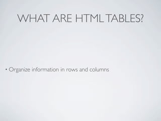 WHAT ARE HTML TABLES?



• Organize   information in rows and columns
 
