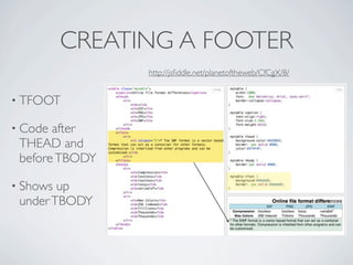 CREATING A FOOTER
                http://jsﬁddle.net/planetoftheweb/CfCgX/8/


• TFOOT

• Code after
 THEAD and
 before TBODY

• Shows up
 under TBODY
 