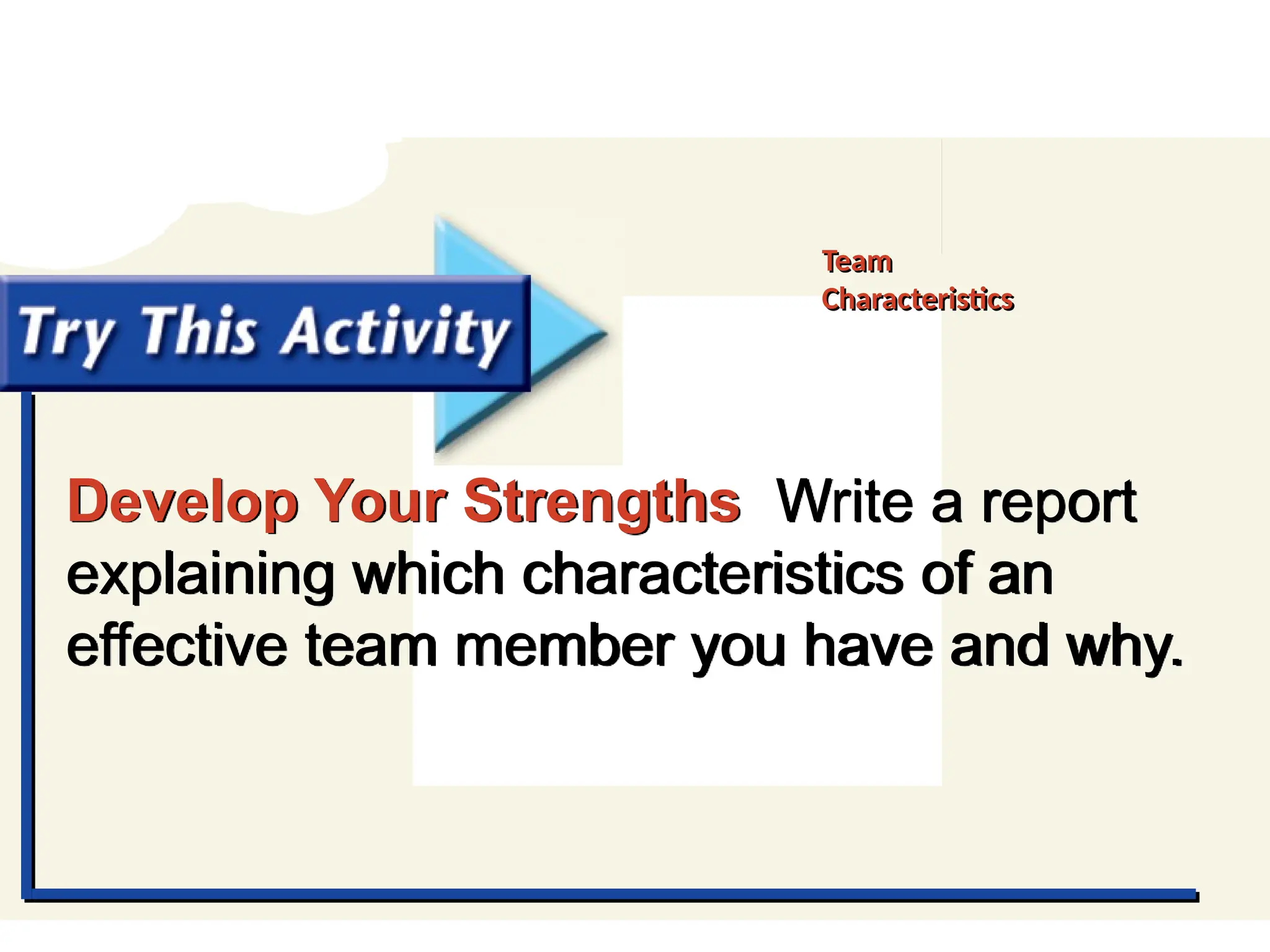 Try This Activity
Develop Your Strengths Write a report
explaining which characteristics of an
effective team member you have and why.
Team
Characteristics
 