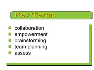 Key Terms
collaboration
empowerment
brainstorming
team planning
assess
 