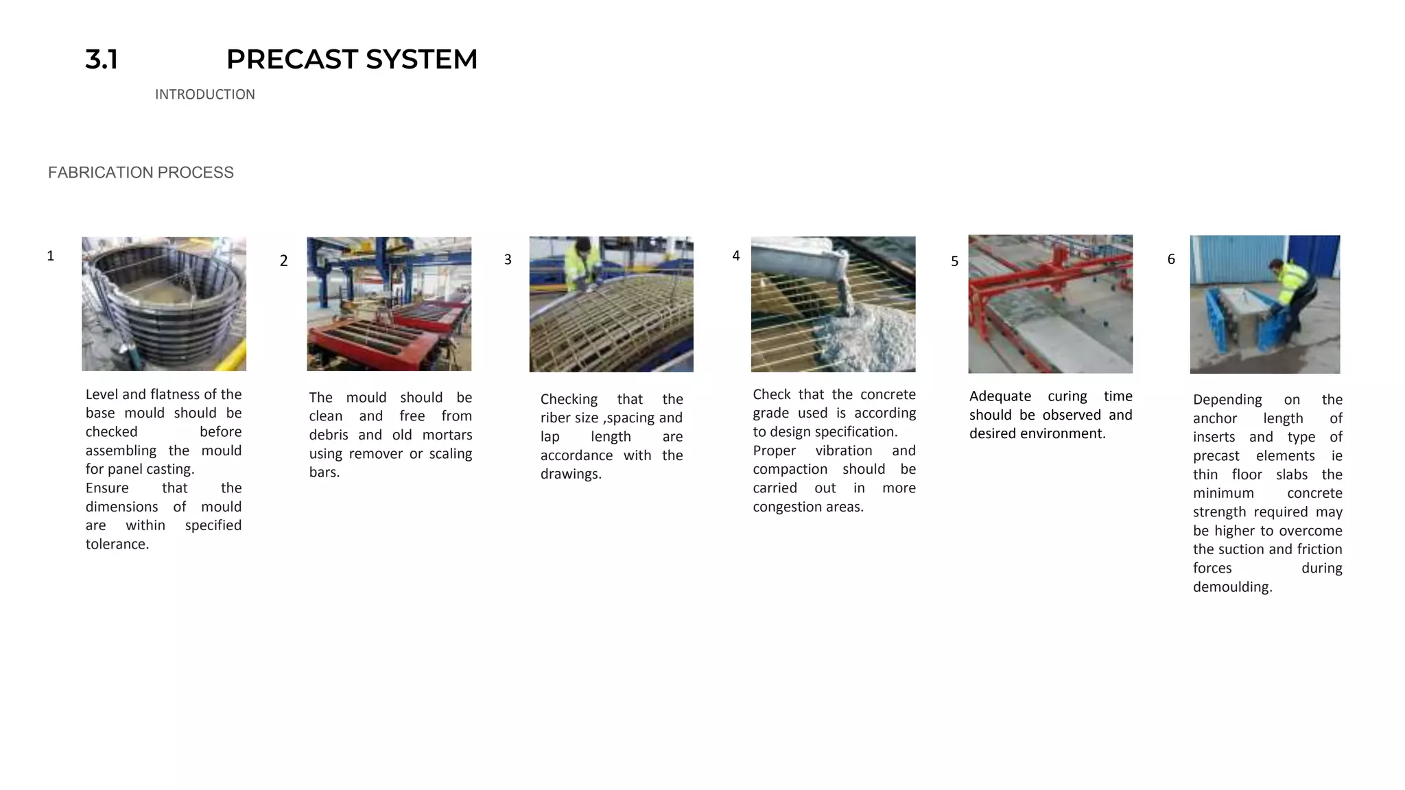 3.1 PRECAST SYSTEM
INTRODUCTION
FABRICATION PROCESS
1 2 3 4 5 6
Level and flatness of the
base mould should be
checked before
assembling the mould
for panel casting.
Ensure that the
dimensions of mould
are within specified
tolerance.
The mould should be
clean and free from
debris and old mortars
using remover or scaling
bars.
Checking that the
riber size ,spacing and
lap length are
accordance with the
drawings.
Check that the concrete
grade used is according
to design specification.
Proper vibration and
compaction should be
carried out in more
congestion areas.
Adequate curing time
should be observed and
desired environment.
Depending on the
anchor length of
inserts and type of
precast elements ie
thin floor slabs the
minimum concrete
strength required may
be higher to overcome
the suction and friction
forces during
demoulding.
 