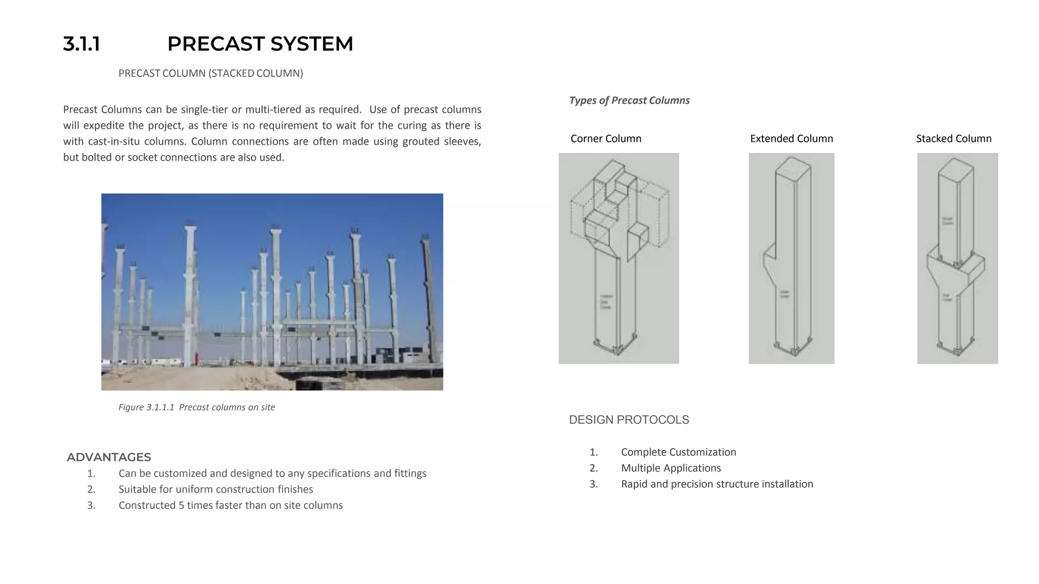 3.1.1 PRECAST SYSTEM
PRECAST COLUMN (STACKED COLUMN)
Precast Columns can be single-tier or multi-tiered as required. Use of precast columns
will expedite the project, as there is no requirement to wait for the curing as there is
with cast-in-situ columns. Column connections are often made using grouted sleeves,
but bolted or socket connections are also used.
DESIGN PROTOCOLS
1. Complete Customization
2. Multiple Applications
3. Rapid and precision structure installation
Figure 3.1.1.1 Precast columns on site
ADVANTAGES
1. Can be customized and designed to any specifications and fittings
2. Suitable for uniform construction finishes
3. Constructed 5 times faster than on site columns
Types of Precast Columns
Corner Column Extended Column Stacked Column
 