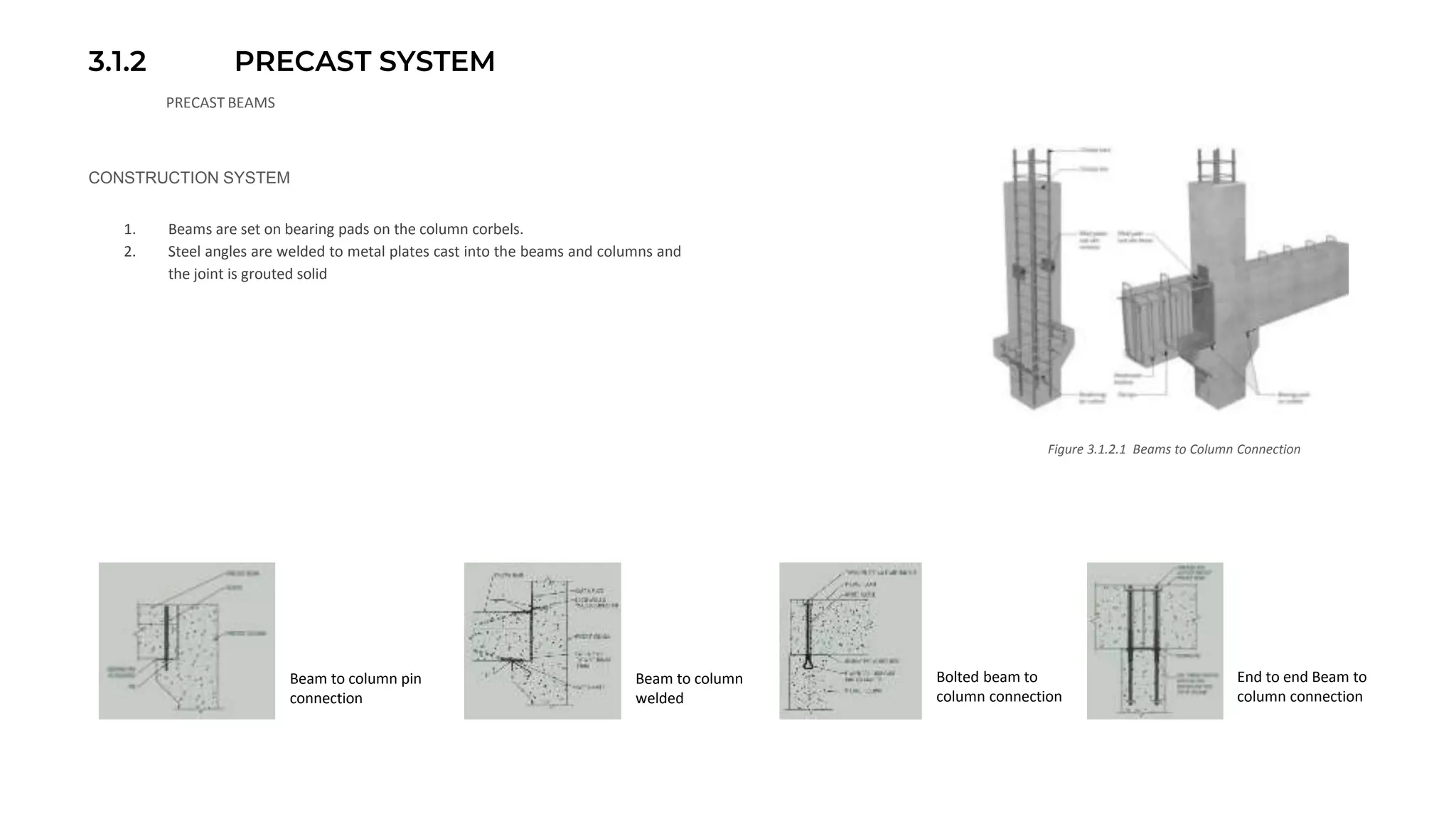 3.1.2 PRECAST SYSTEM
PRECAST BEAMS
Figure 3.1.2.1 Beams to Column Connection
1. Beams are set on bearing pads on the column corbels.
2. Steel angles are welded to metal plates cast into the beams and columns and
the joint is grouted solid
CONSTRUCTION SYSTEM
Beam to column pin
connection
Beam to column
welded
Bolted beam to
column connection
End to end Beam to
column connection
 
