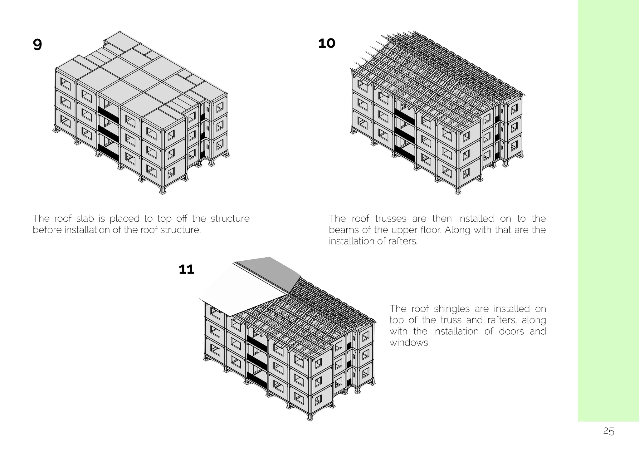  
25
The roof slab is placed to top oﬀ the structure
before installation of the roof structure.
The roof trusses are then installed on to the
beams of the upper ﬂoor. Along with that are the
installation of rafters.
The roof shingles are installed on
top of the truss and rafters, along
with the installation of doors and
windows.
9 10
11
 