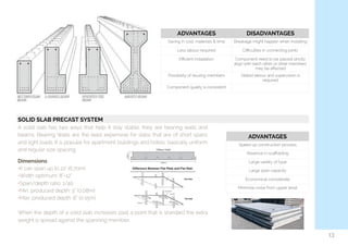  
SOLID SLAB PRECAST SYSTEM
A solid slab has two ways that help it stay stable, they are bearing walls and
beams. Bearing Walls are the least expensive for slabs that are of short spans
and light loads. It is popular for apartment buildings and hotels, basically uniform
and regular size spacing.
Dimensions
•It can span up to 22’ (6.70m)
•Width optimum: 8”-12”
•Span/depth ratio: 1/40
•Min. produced depth: 3” (0.08m)
•Max. produced depth: 6” (0.15m)
When the depth of a solid slab increases past a point that is standard the extra
weight is spread against the spanning member.
13
ADVANTAGES DISADVANTAGES
Saving in cost, materials & time Breakage might happen when installing
Less labour required Diﬃculties in connecting joints
Eﬃcient installation Component need to be placed strictly
align with each other or other members
may be aﬀected
Possibility of reusing members Skilled labour and supervision is
required
Component quality is consistent
ADVANTAGES
Speed up construction process
Absence in scaﬀolding
Large variety of type
Large span capacity
Economical considerate
Minimize noise from upper level
 