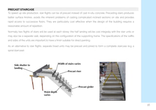  
16
PRECAST STAIRCASE
To speed up site production, stair ﬂights can be of precast instead of cast in-situ concrete. Precasting stairs produces
better surface ﬁnishes, avoids the inherent problems of casting complicated inclined sections on site and provides
rapid access to successive ﬂoors. They are particularly cost eﬀective when the design of the building requires a
reasonable amount of repetition.
Normally two ﬂights of stairs will be used at each storey; the half landing will be cast integrally with the stair units or
may also be a separate slab, depending on the conﬁguration of the supporting frame. The speciﬁcations of the soﬃts
and sides of the units are important to have a ﬁnish suitable for direct painting.
As an alternative to stair ﬂights, separate tread units may be precast and joined to form a complete staircase (e.g. a
spiral staircase).
 