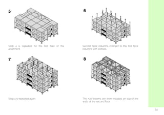  
24
Step 4 is repeated for the ﬁrst ﬂoor of the
apartment.
Second ﬂoor columns connect to the ﬁrst ﬂoor
columns with corbels.
The roof beams are then installed on top of the
walls of the second ﬂoor.
Step 4 is repeated again.
5 6
87
 