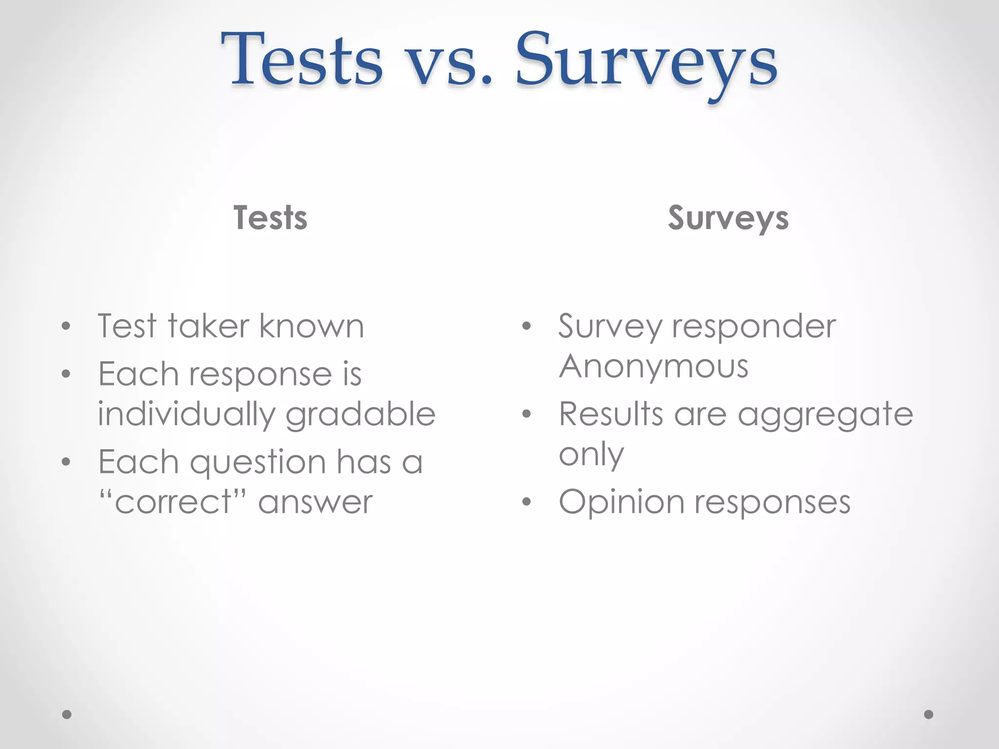 Tests vs. Surveys
Tests Surveys
• Test taker known
• Each response is
individually gradable
• Each question has a
“correct” answer
• Survey responder
Anonymous
• Results are aggregate
only
• Opinion responses
 
