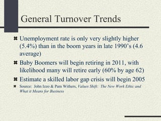 General Turnover Trends
Unemployment rate is only very slightly higher
(5.4%) than in the boom years in late 1990’s (4.6
a...