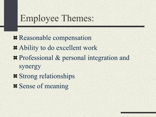 Employee Themes:
Reasonable compensation
Ability to do excellent work
Professional & personal integration and
synergy
Stro...