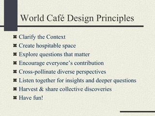 World Café Design Principles
Clarify the Context
Create hospitable space
Explore questions that matter
Encourage everyone’...