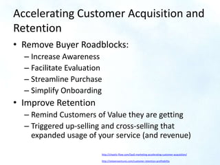Accelerating Customer Acquisition and
Retention
• Remove Buyer Roadblocks:
– Increase Awareness
– Facilitate Evaluation
– ...