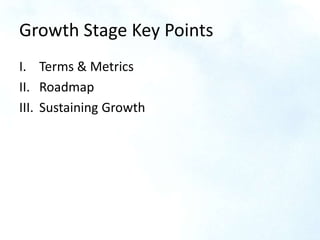 Growth Stage Key Points
I. Terms & Metrics
II. Roadmap
III. Sustaining Growth
 
