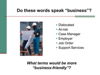 Do these words speak “business”? Dislocated At-risk Case Manager Employer Job Order Support Services What terms would be more “business-friendly”? 