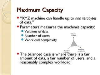 Maximum Capacity
“XYZ   machine can handle up to nnn terabytes
 of data.”
Parameters measures the machines capacity:
  Volumes of data
  Number of users
  Workload complexity


The balanced case is where there is a fair
 amount of data, a fair number of users, and a
 reasonably complex workload
 