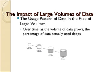 The Impact of Large Volumes of Data
    The Usage Pattern of Data in the Face of
     Large Volumes
     ◦ Over time, as the volume of data grows, the
       percentage of data actually used drops
 