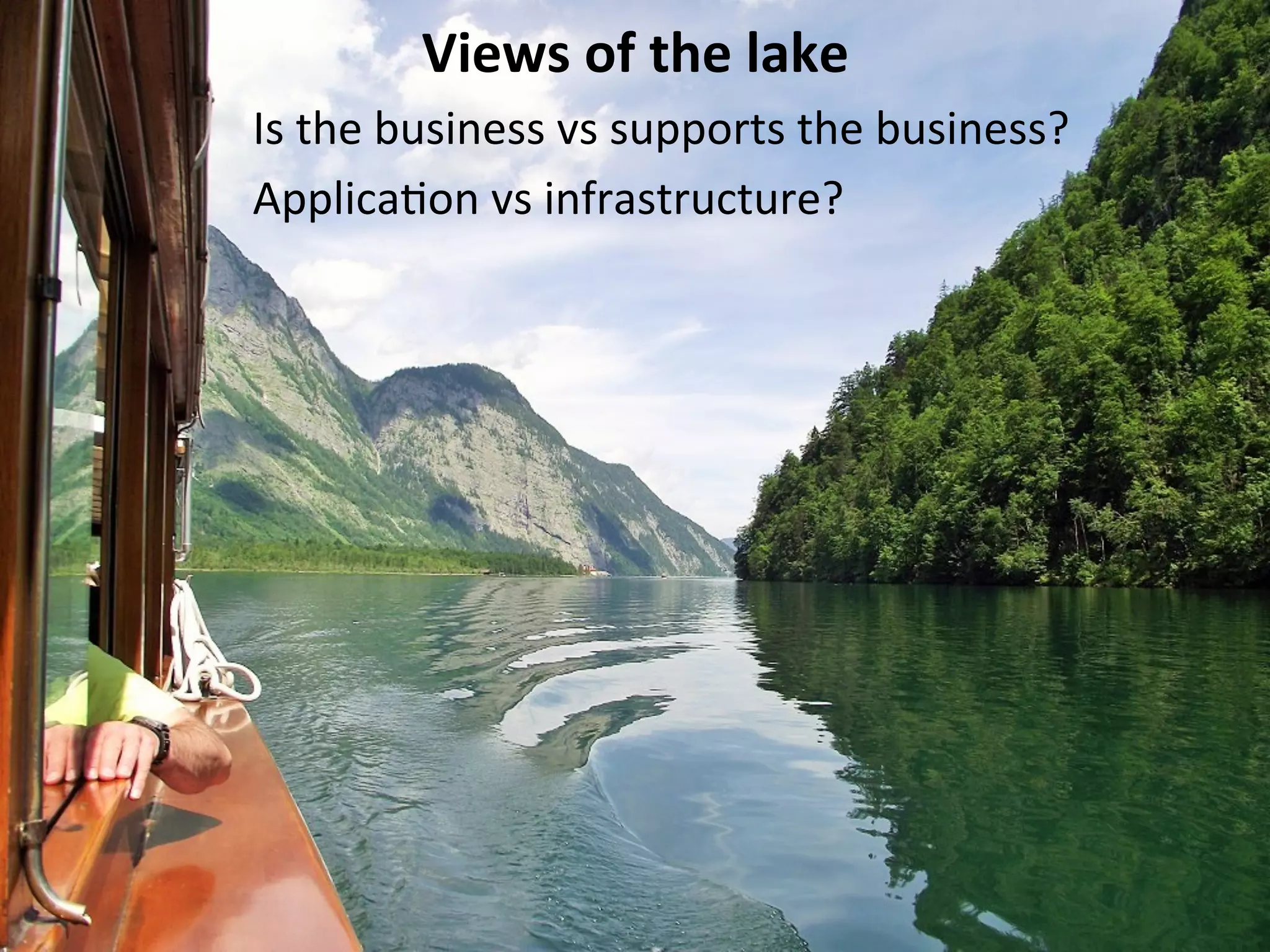 ©	
  Third	
  Nature,	
  Inc.	
  
Views	
  of	
  the	
  lake	
  
Is	
  the	
  business	
  vs	
  supports	
  the	
  business?	
  
ApplicaEon	
  vs	
  infrastructure?	
  
 