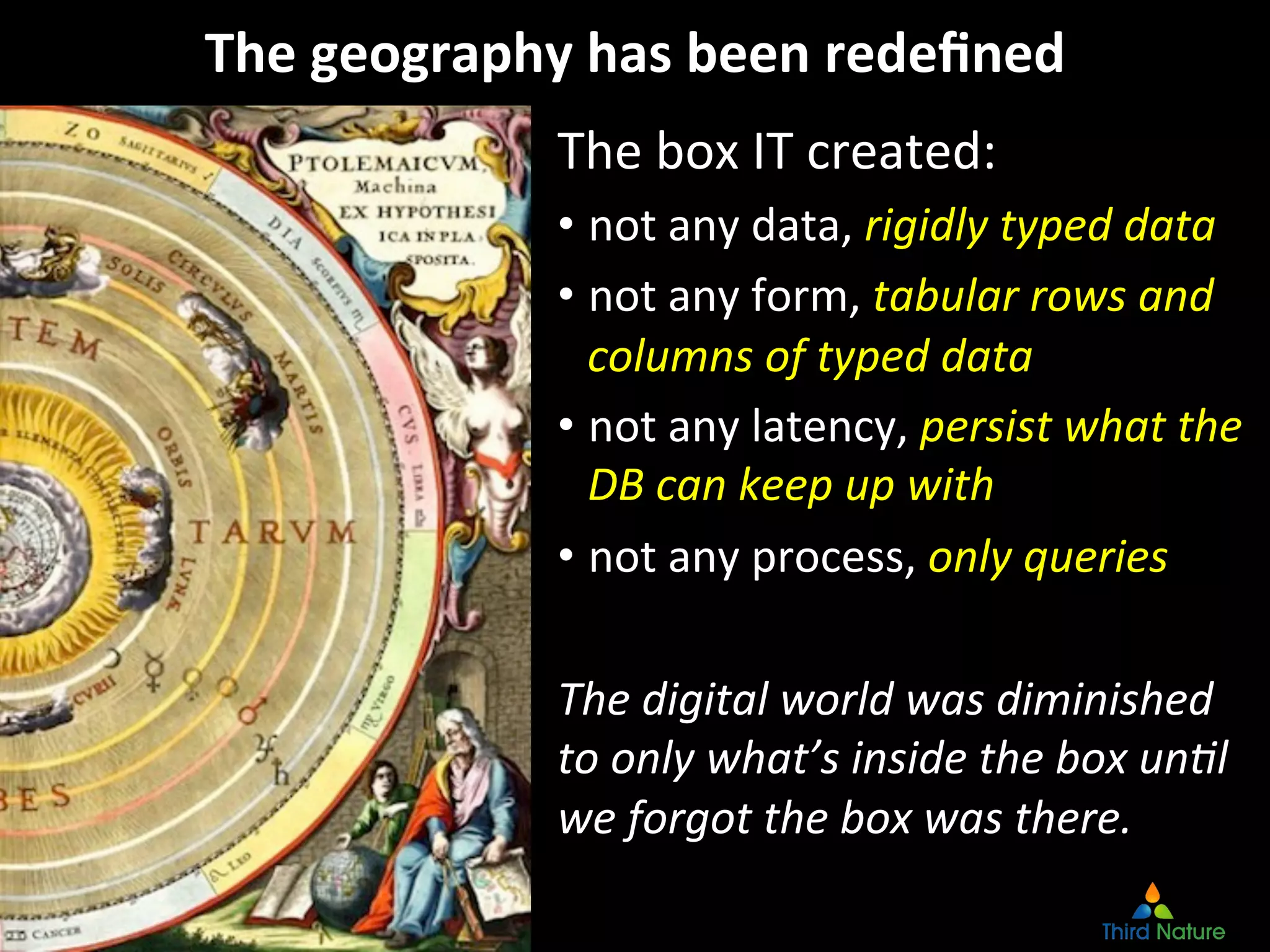 ©	
  Third	
  Nature,	
  Inc.	
  
The	
  geography	
  has	
  been	
  redeﬁned	
  
The	
  box	
  IT	
  created:	
  
• not	
  any	
  data,	
  rigidly	
  typed	
  data	
  
• not	
  any	
  form,	
  tabular	
  rows	
  and	
  
columns	
  of	
  typed	
  data	
  
• not	
  any	
  latency,	
  persist	
  what	
  the	
  
DB	
  can	
  keep	
  up	
  with	
  
• not	
  any	
  process,	
  only	
  queries	
  
	
  
The	
  digital	
  world	
  was	
  diminished	
  
to	
  only	
  what’s	
  inside	
  the	
  box	
  un6l	
  
we	
  forgot	
  the	
  box	
  was	
  there.	
  
	
  
 