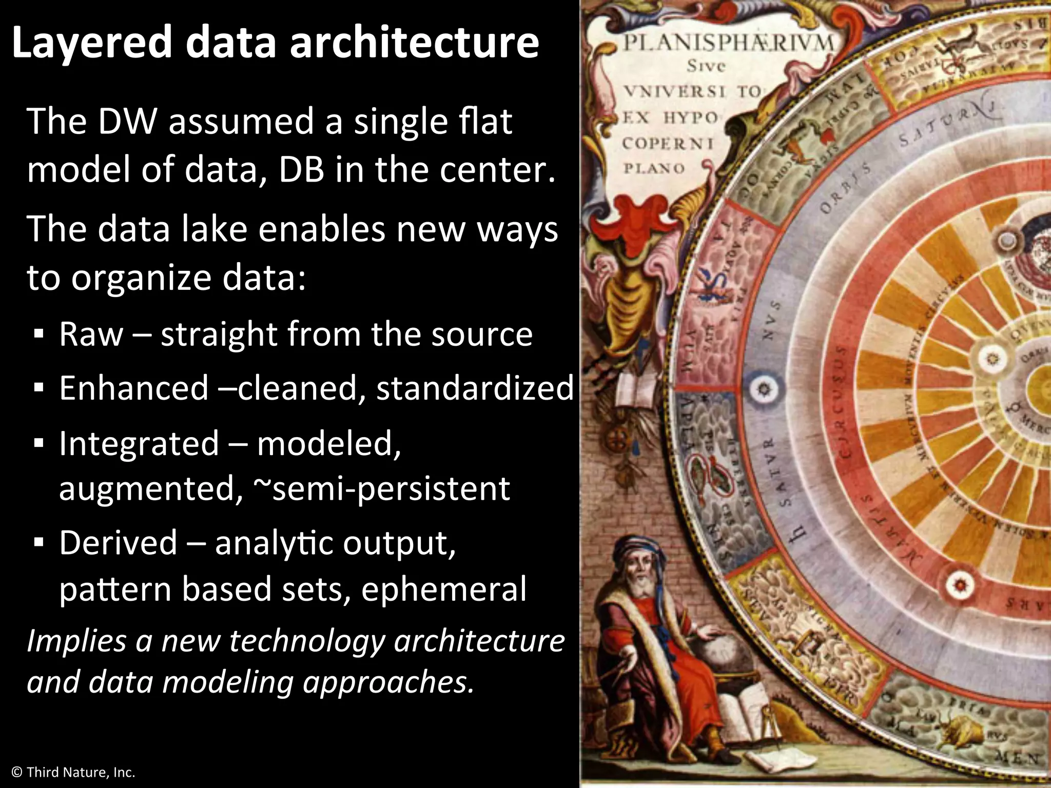©	
  Third	
  Nature,	
  Inc.	
  
Layered	
  data	
  architecture	
  
The	
  DW	
  assumed	
  a	
  single	
  ﬂat	
  
model	
  of	
  data,	
  DB	
  in	
  the	
  center.	
  	
  
The	
  data	
  lake	
  enables	
  new	
  ways	
  
to	
  organize	
  data:	
  
▪  Raw	
  –	
  straight	
  from	
  the	
  source	
  
▪  Enhanced	
  –cleaned,	
  standardized	
  
▪  Integrated	
  –	
  modeled,	
  
augmented,	
  ~semi-­‐persistent	
  
▪  Derived	
  –	
  analyEc	
  output,	
  
pacern	
  based	
  sets,	
  ephemeral	
  
Implies	
  a	
  new	
  technology	
  architecture	
  
and	
  data	
  modeling	
  approaches.	
  
 