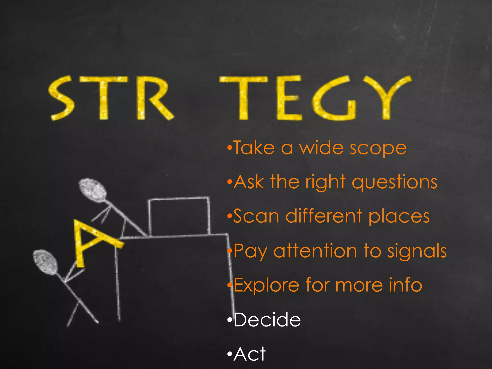 • Take a wide scope
• Ask the right questions
• Scan different places
• Pay attention to signals
• Explore for more info
• Decide
• Act
 