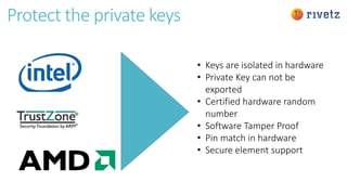 Protect the private keys
• Keys are isolated in hardware
• Private Key can not be
exported
• Certified hardware random
number
• Software Tamper Proof
• Pin match in hardware
• Secure element support
 