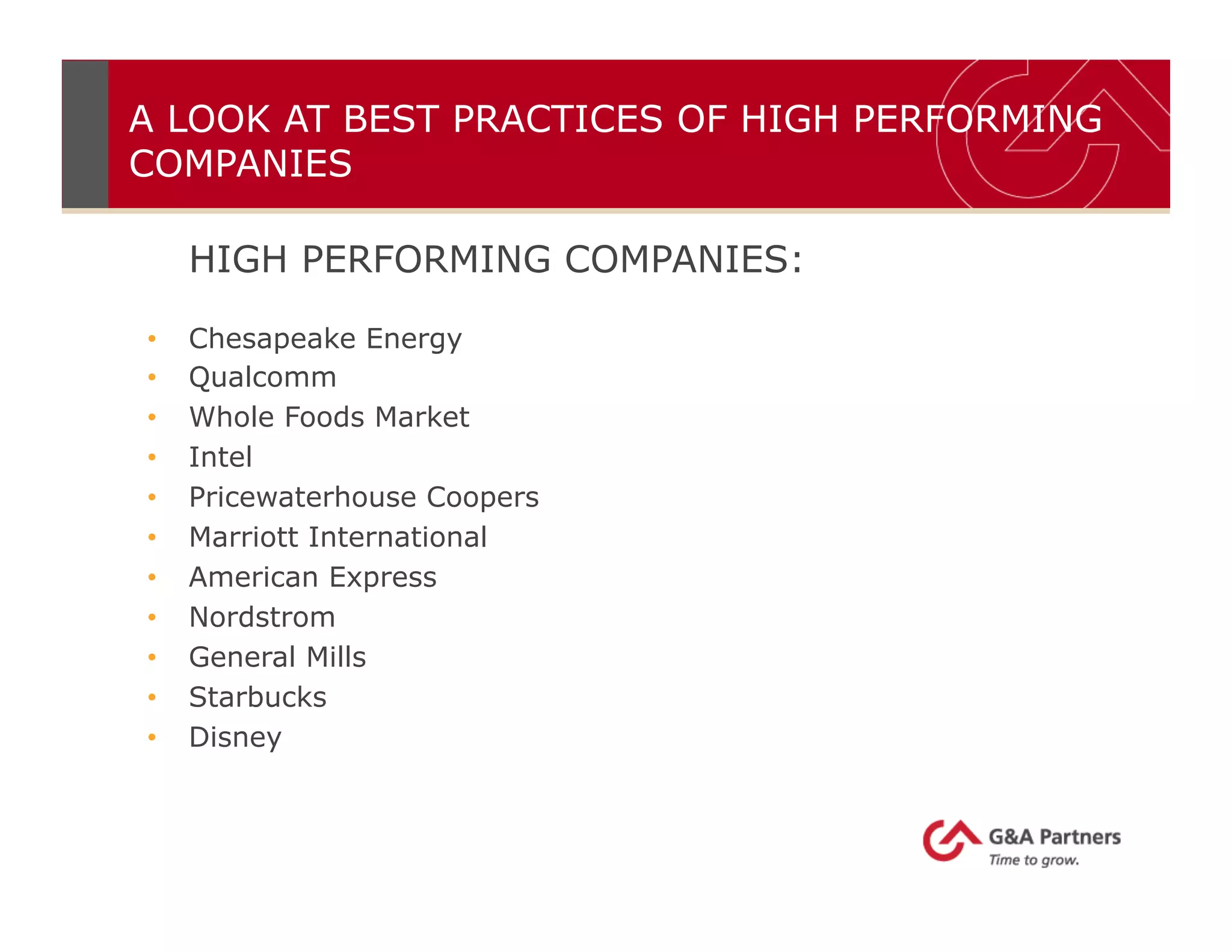 A LOOK AT BEST PRACTICES OF HIGH PERFORMING
COMPANIES
HIGH PERFORMING COMPANIES:
•  Chesapeake Energy
•  Qualcomm
•  Whole Foods Market
•  Intel
•  Pricewaterhouse Coopers
•  Marriott International
•  American Express
•  Nordstrom
•  General Mills
•  Starbucks
•  Disney
 