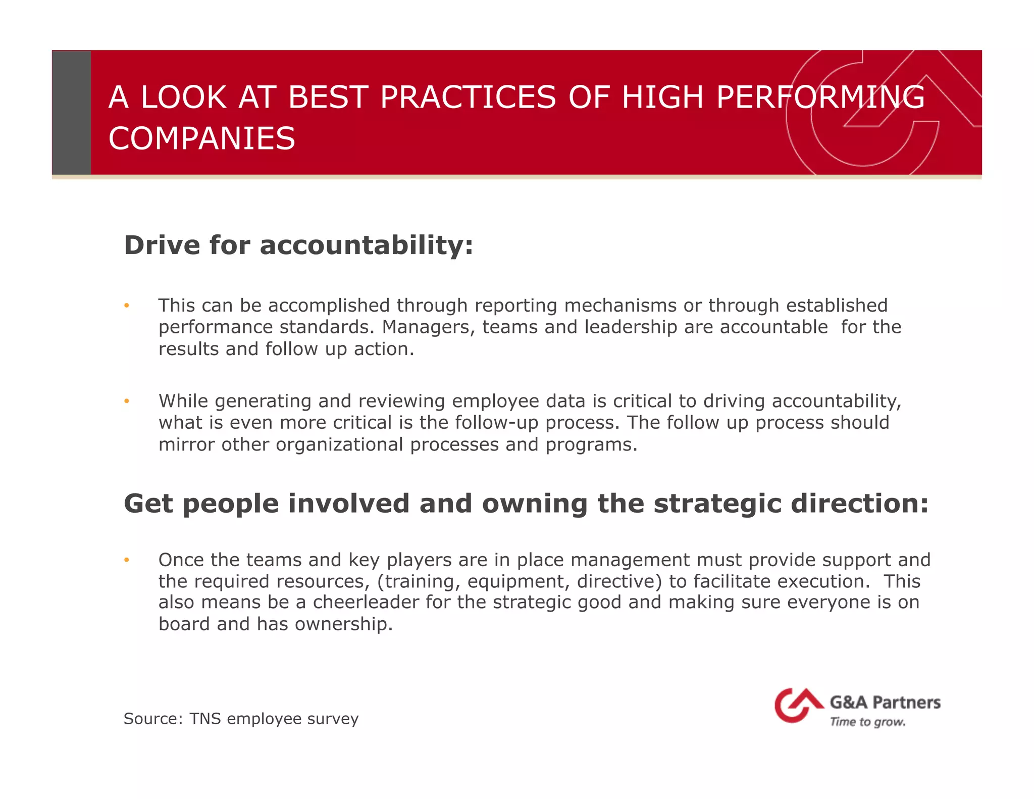 A LOOK AT BEST PRACTICES OF HIGH PERFORMING
COMPANIES
Drive for accountability:
•  This can be accomplished through reporting mechanisms or through established
performance standards. Managers, teams and leadership are accountable for the
results and follow up action.
•  While generating and reviewing employee data is critical to driving accountability,
what is even more critical is the follow-up process. The follow up process should
mirror other organizational processes and programs.
Get people involved and owning the strategic direction:
•  Once the teams and key players are in place management must provide support and
the required resources, (training, equipment, directive) to facilitate execution. This
also means be a cheerleader for the strategic good and making sure everyone is on
board and has ownership.
Source: TNS employee survey
 