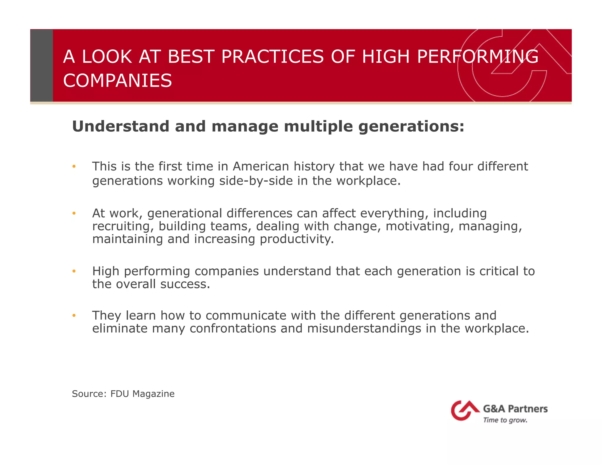 A LOOK AT BEST PRACTICES OF HIGH PERFORMING
COMPANIES
Understand and manage multiple generations:
•  This is the first time in American history that we have had four different
generations working side-by-side in the workplace.
•  At work, generational differences can affect everything, including
recruiting, building teams, dealing with change, motivating, managing,
maintaining and increasing productivity.
•  High performing companies understand that each generation is critical to
the overall success.
•  They learn how to communicate with the different generations and
eliminate many confrontations and misunderstandings in the workplace.
Source: FDU Magazine
 