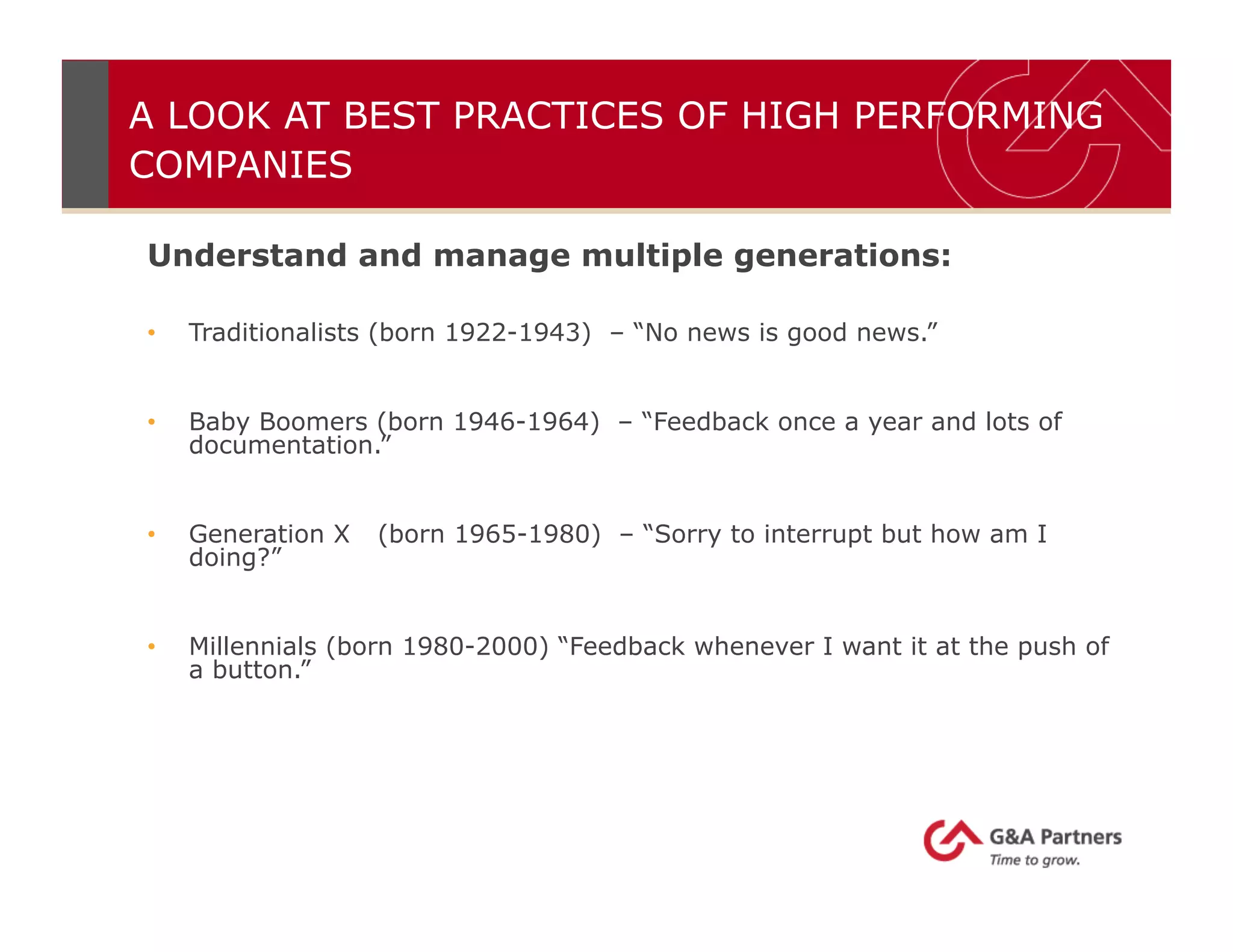 A LOOK AT BEST PRACTICES OF HIGH PERFORMING
COMPANIES
Understand and manage multiple generations:
•  Traditionalists (born 1922-1943) – “No news is good news.”
•  Baby Boomers (born 1946-1964) – “Feedback once a year and lots of
documentation.”
•  Generation X (born 1965-1980) – “Sorry to interrupt but how am I
doing?”
•  Millennials (born 1980-2000) “Feedback whenever I want it at the push of
a button.”
 