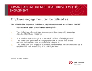 HUMAN CAPITAL TRENDS THAT DRIVE EMPLOYEE
ENGAGMENT
Employee engagement can be defined as:
(An individual’s degree of posit...