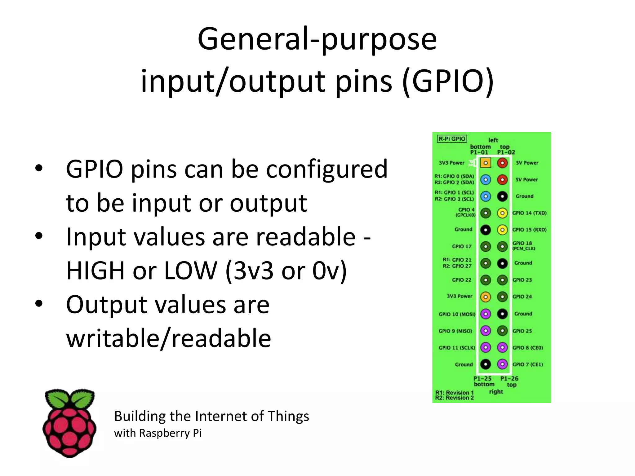 General-purpose input/output pins (GPIO) • GPIO pins can be configured to be input or output • Input values are readable - HIGH or LOW (3v3 or 0v) • Output values are writable/readable Building the Internet of Things with Raspberry Pi 
