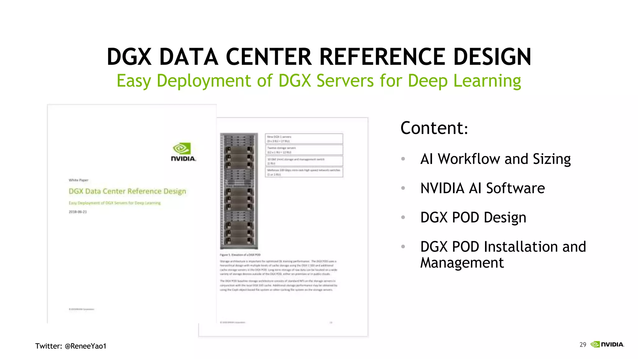 29Twitter: @ReneeYao1Twitter: @ReneeYao1
DGX DATA CENTER REFERENCE DESIGN
Easy Deployment of DGX Servers for Deep Learning
Content:
• AI Workflow and Sizing
• NVIDIA AI Software
• DGX POD Design
• DGX POD Installation and
Management
 