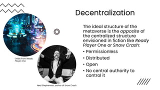 Internalized vs. Externalized Network Effects
Metaverse experiences
will be highly
differentiated.
They benefit from
netwo...