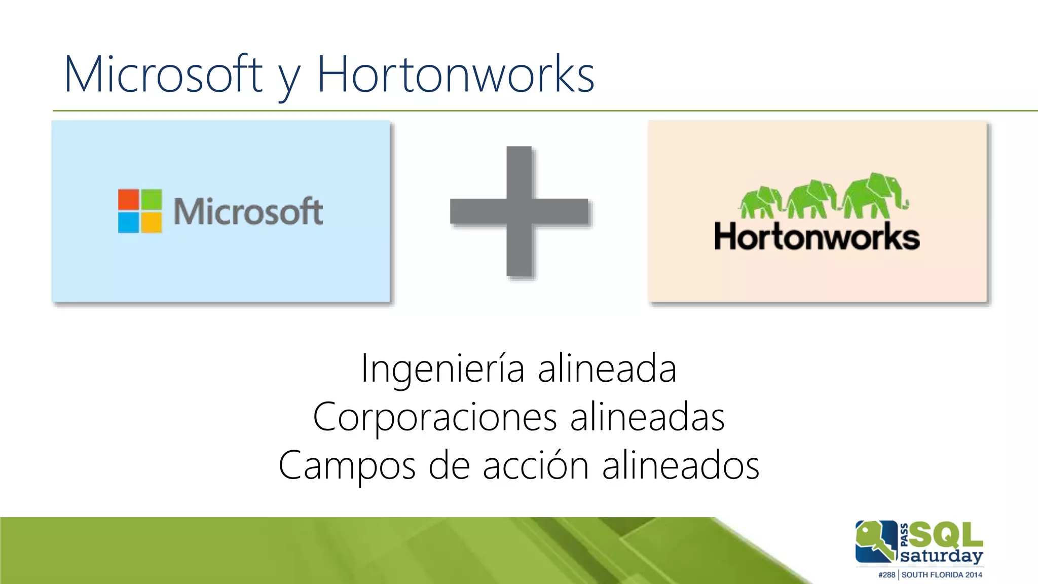 Microsoft y Hortonworks
Ingeniería alineada
Corporaciones alineadas
Campos de acción alineados
 