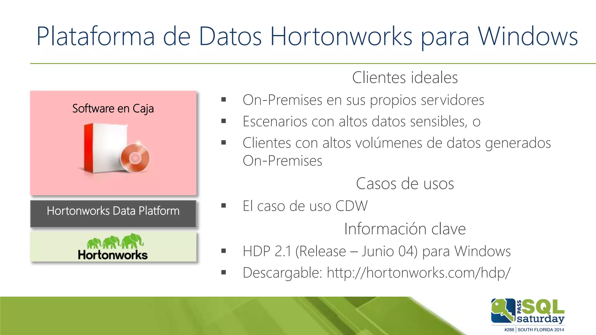 Plataforma de Datos Hortonworks para Windows
Hortonworks Data Platform
Software en Caja
Clientes ideales
 On-Premises en sus propios servidores
 Escenarios con altos datos sensibles, o
 Clientes con altos volúmenes de datos generados
On-Premises
Casos de usos
 El caso de uso CDW
Información clave
 HDP 2.1 (Release – Junio 04) para Windows
 Descargable: http://hortonworks.com/hdp/
 