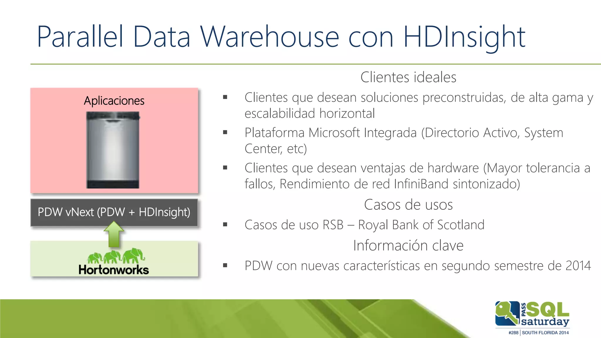 Parallel Data Warehouse con HDInsight
Clientes ideales
 Clientes que desean soluciones preconstruidas, de alta gama y
escalabilidad horizontal
 Plataforma Microsoft Integrada (Directorio Activo, System
Center, etc)
 Clientes que desean ventajas de hardware (Mayor tolerancia a
fallos, Rendimiento de red InfiniBand sintonizado)
Casos de usos
 Casos de uso RSB – Royal Bank of Scotland
Información clave
 PDW con nuevas características en segundo semestre de 2014
PDW vNext (PDW + HDInsight)
Aplicaciones
 