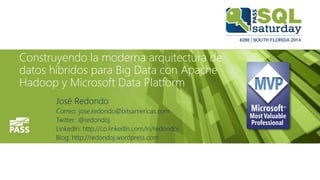Construyendo la moderna arquitectura de
datos híbridos para Big Data con Apache
Hadoop y Microsoft Data Platform
José Redondo
Correo: jose.redondo@bitsamericas.com
Twitter: @redondoj
LinkedIn: http://co.linkedin.com/in/redondoj
Blog: http://redondoj.wordpress.com
 