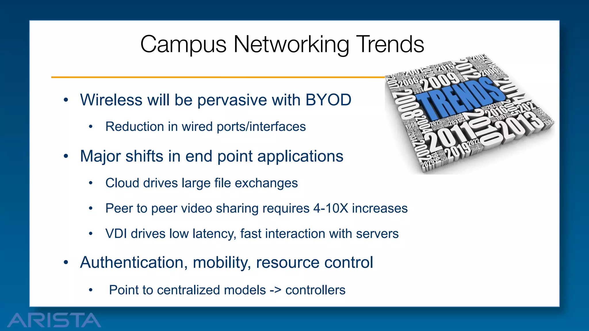 Campus Networking Trends 
•  Wireless will be pervasive with BYOD
•  Reduction in wired ports/interfaces

•  Major shifts in end point applications
•  Cloud drives large file exchanges
•  Peer to peer video sharing requires 4-10X increases
•  VDI drives low latency, fast interaction with servers

•  Authentication, mobility, resource control
• 

Point to centralized models -> controllers

 